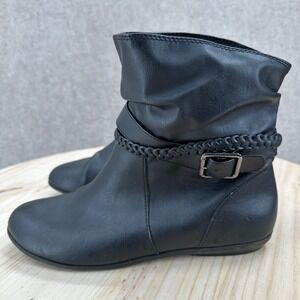 American Eagle Black Slouch Booties 9W Braided Ankle Boots Flat Buckle Round Toe